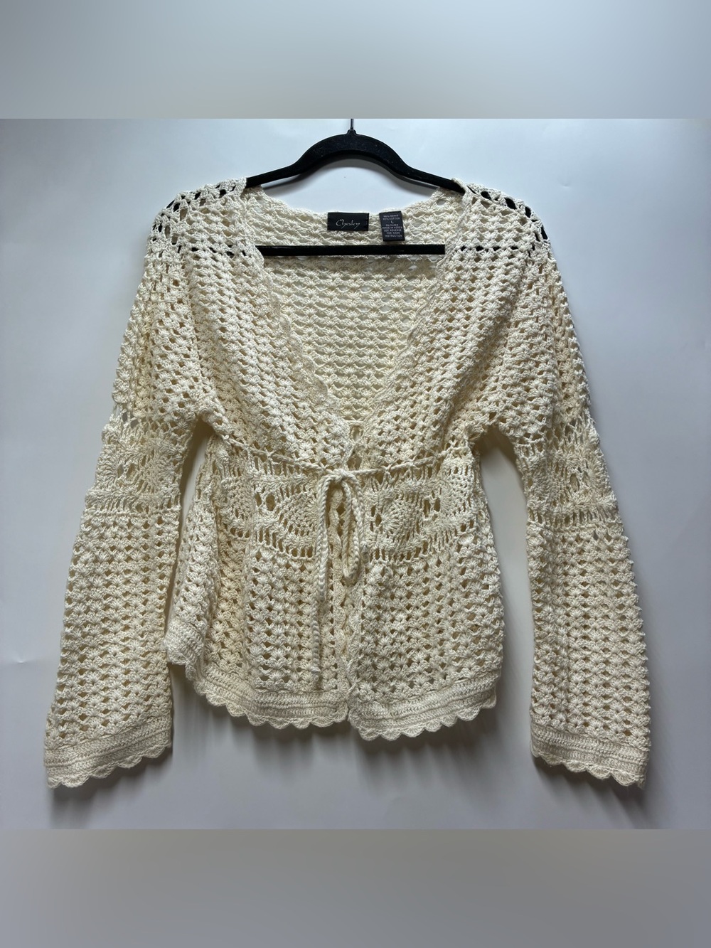 Vintage 90s Chesley Large Cream Crochet Lattice Cardigan Sweater Tie Boho Hippie